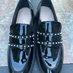 Stuart Weitzman Black Patent Leather Loafers with Pearl Detailing, Size 8